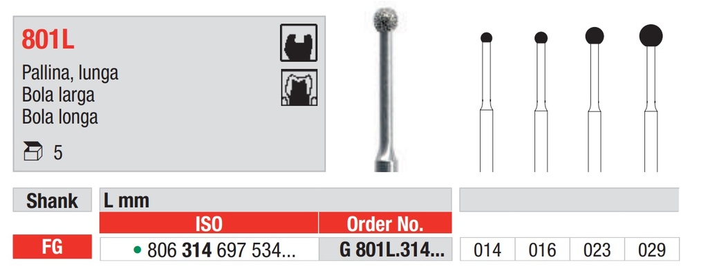 Fresas diamantadas turbina Bola cuello largo FG Fig. G801L Grano Grueso 5u Edenta