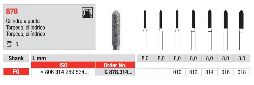 Fresas diamantadas Fig. G878 Cilindro punta torpedo Grano Grueso FG 5u Edenta