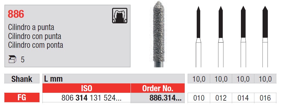 Fresas diamantadas Fig. 886 Grano Medio Cilindro con punta FG 5u Edenta